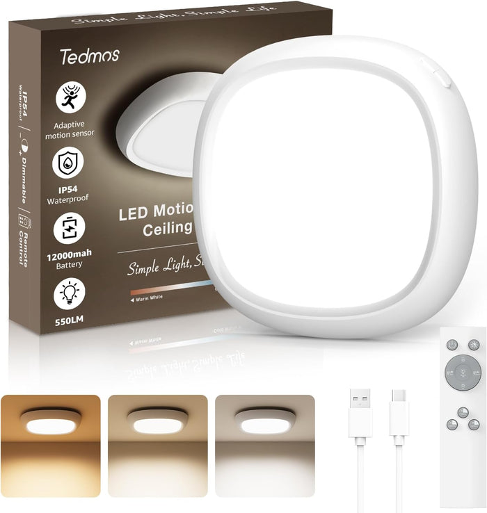 Waterproof Rechargeable Shower Light Indoor Wireless Motion Sensor Wireless Ceiling Light with Remote 