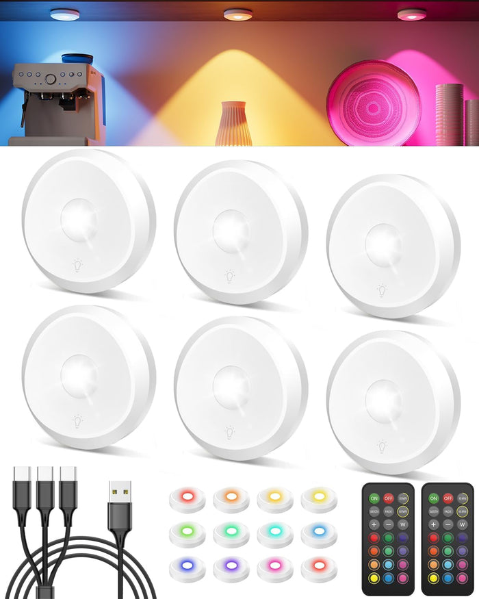 Tedmos Rechargeable Puck Lights | 2400mAh Battery Operated Tap Light RGB Color Changing LED Lighting Wireless with Remote for Under Cabinet, Closet & Classroom
