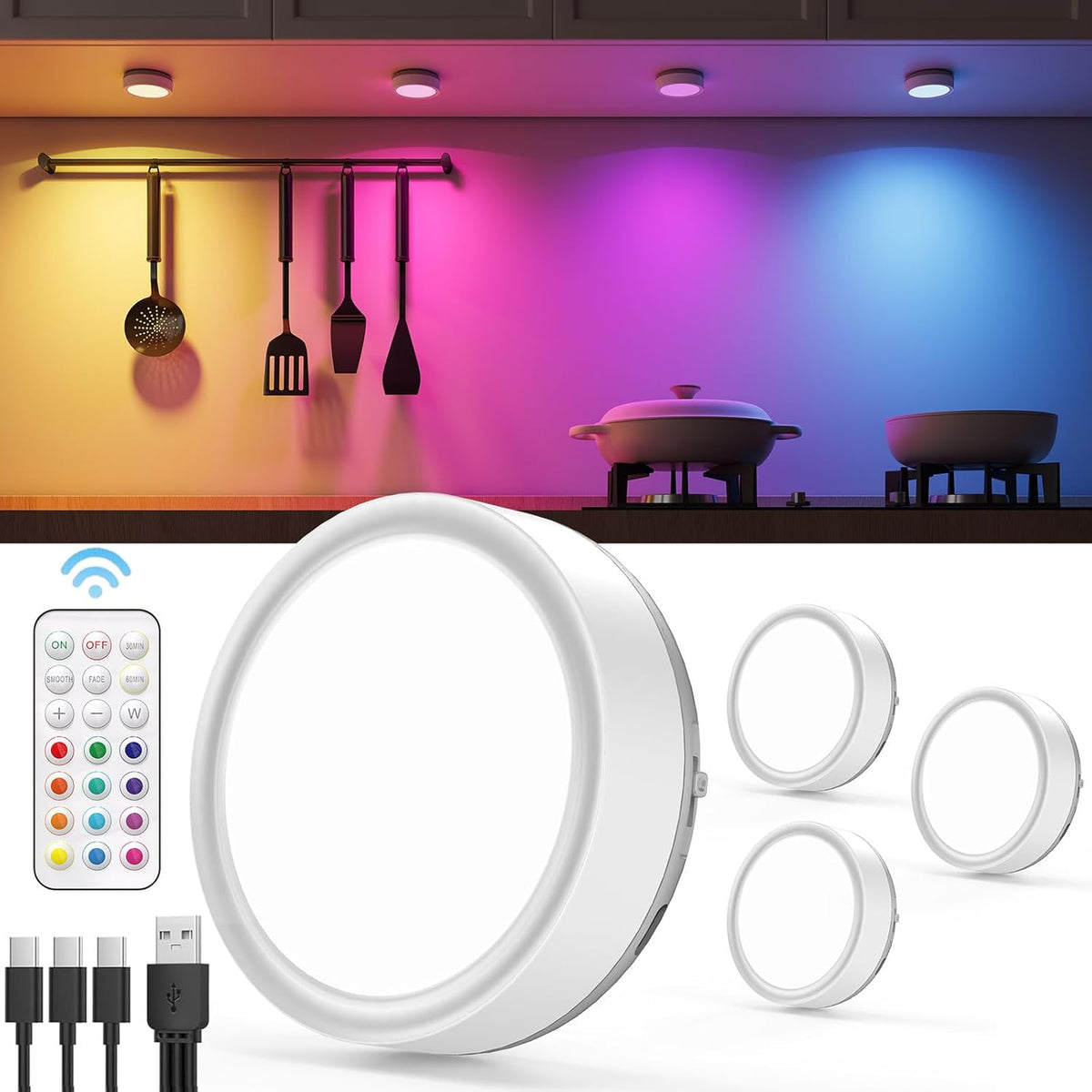 happetite LED Puck Lights with Wireless Remote and Auto Timer, Battery Operated Dimmable Under Cabinet Lights for Kitchen, Bedroom, Doorway, Closet, Hallway and Stairs, 4 Pack(White happetite LED Puck Lights with Wireless Remote and Auto Timer, Battery Operated Dimmable Under Cabinet Lights for Kitchen, Bedroom, Doorway, Closet, Hallway and Stairs, 4 Pack(White