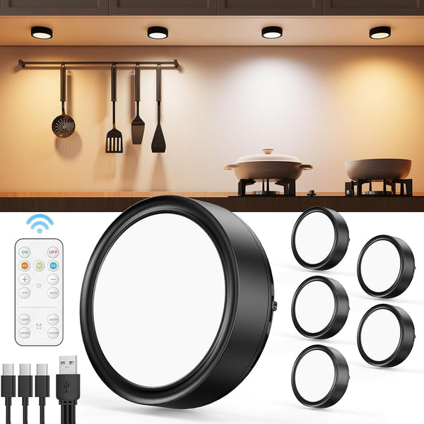 black LED rechargeable puck lights with remote wireless for kitchen under cabinet lighting close counter push tap light