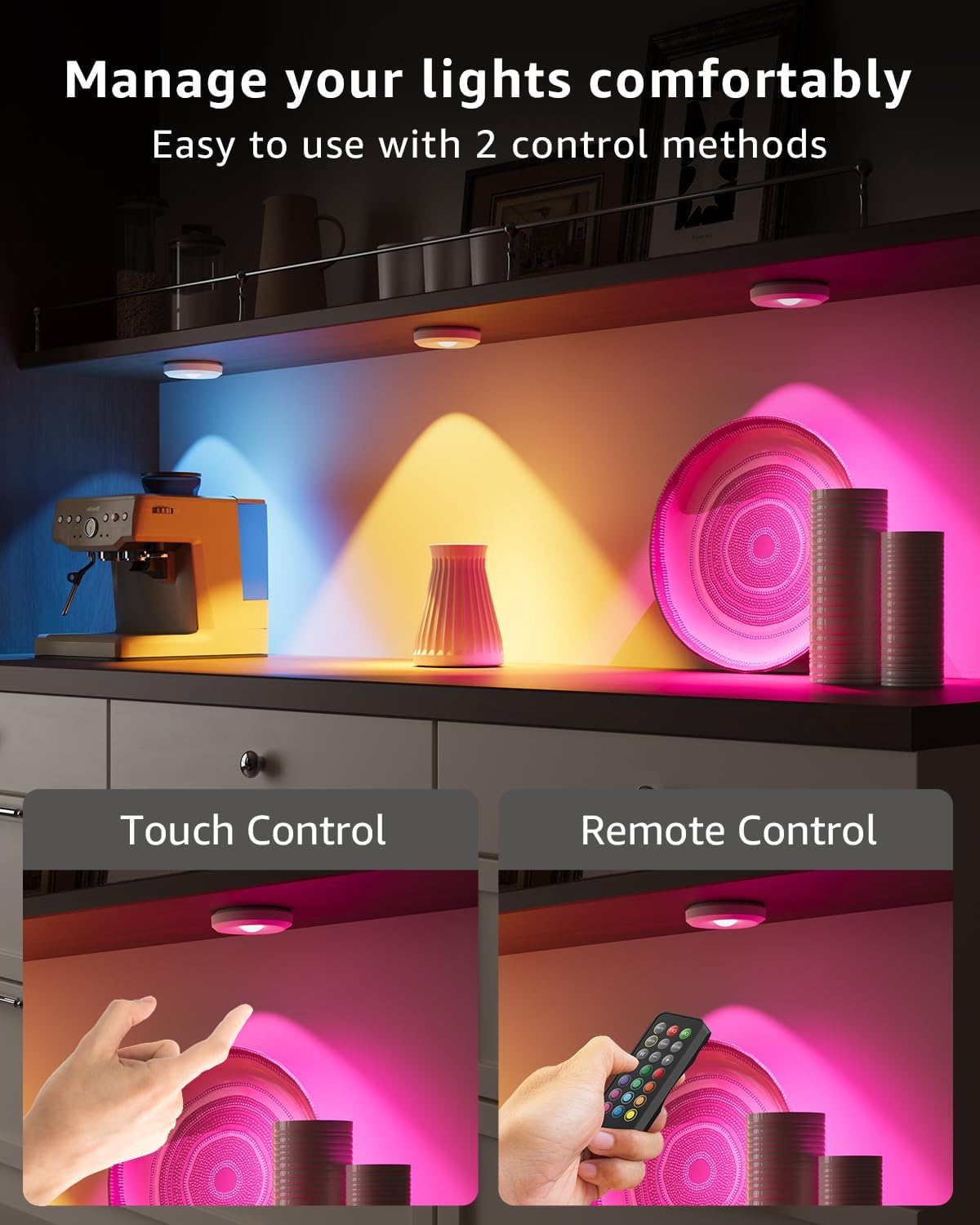 Kitchen counter with colorful puck lights managed using touch and remote control, emphasizing ease of use.