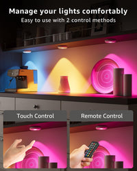 Kitchen counter with colorful puck lights managed using touch and remote control, emphasizing ease of use.