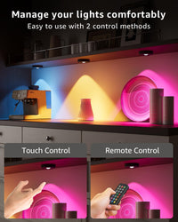 Modern kitchen with colorful puck lights lighting effects, touch control, and remote control options.
