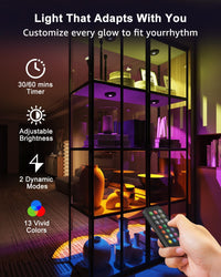Room with colorful lighting effects and a hand holding a remote control, highlighting features like timer, brightness adjustment, dynamic modes, and color options.