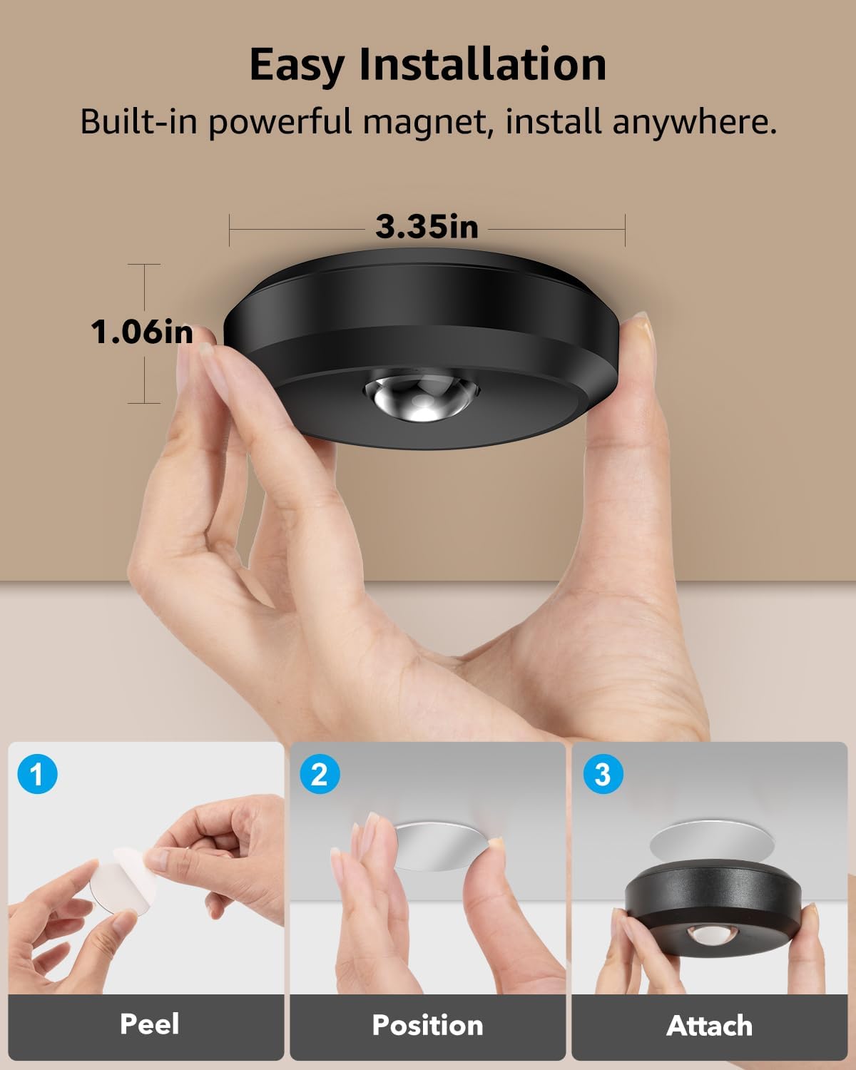 Black puck light magnetic with installation instructions and measurements.