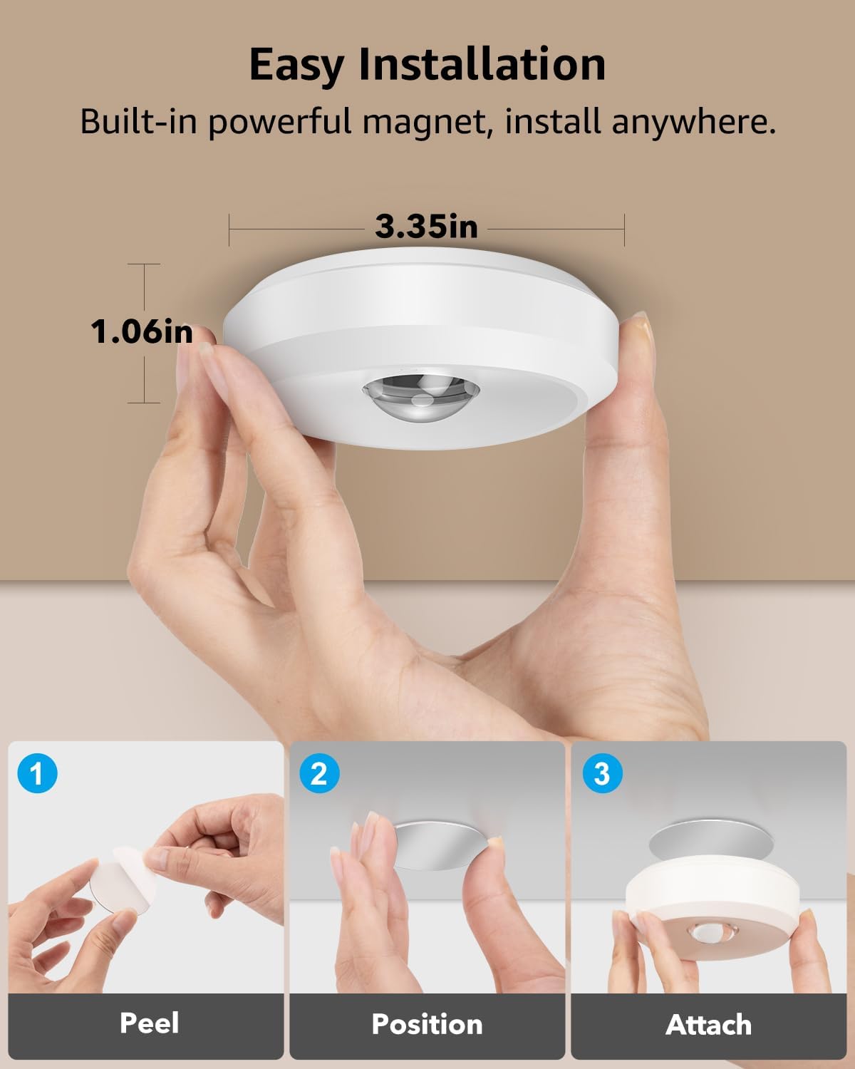 puck light with installation instructions and measurements on a beige background