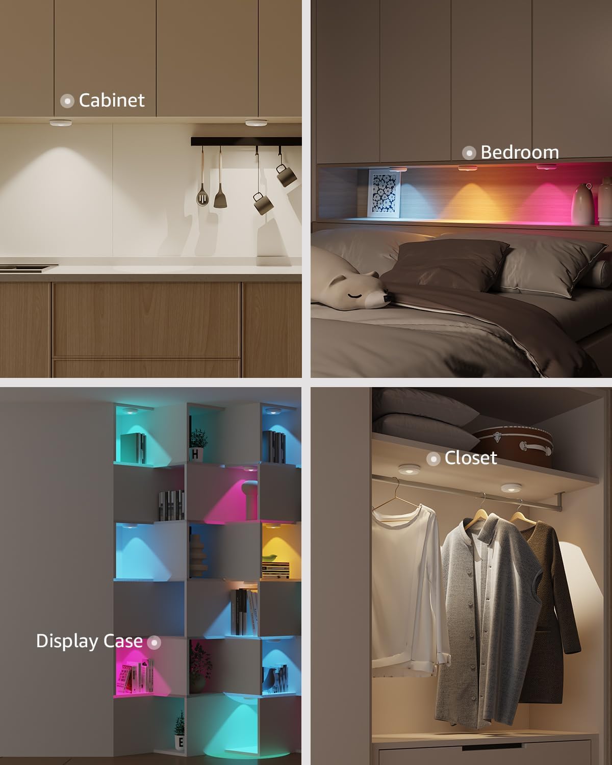 Collage of a kitchen cabinet light, bedroom, display case, and closet with labeled categories for rechargeable puck lights