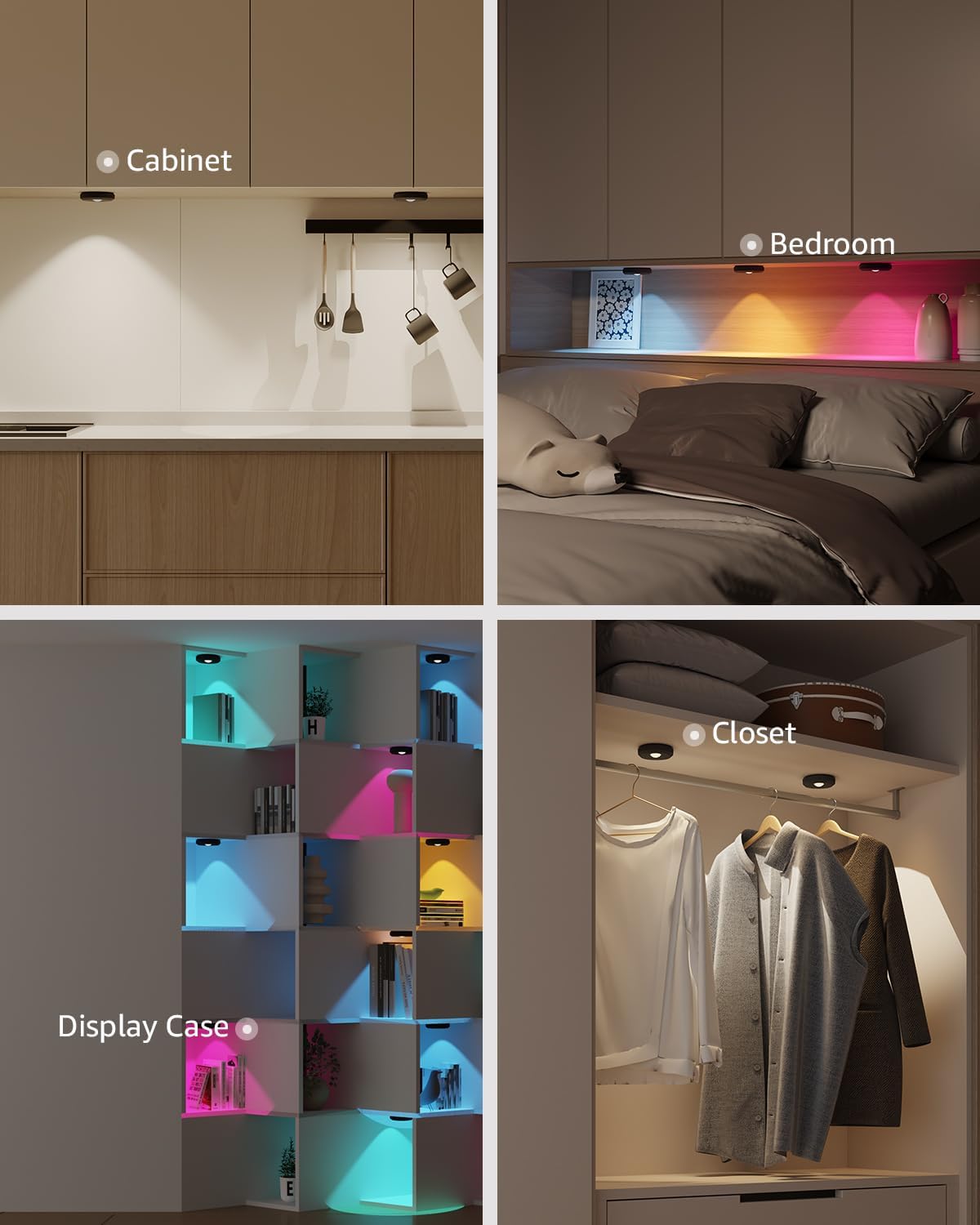 Collage of four different interior settings with labeled elements: cabinet, bedroom, display case, and closet.