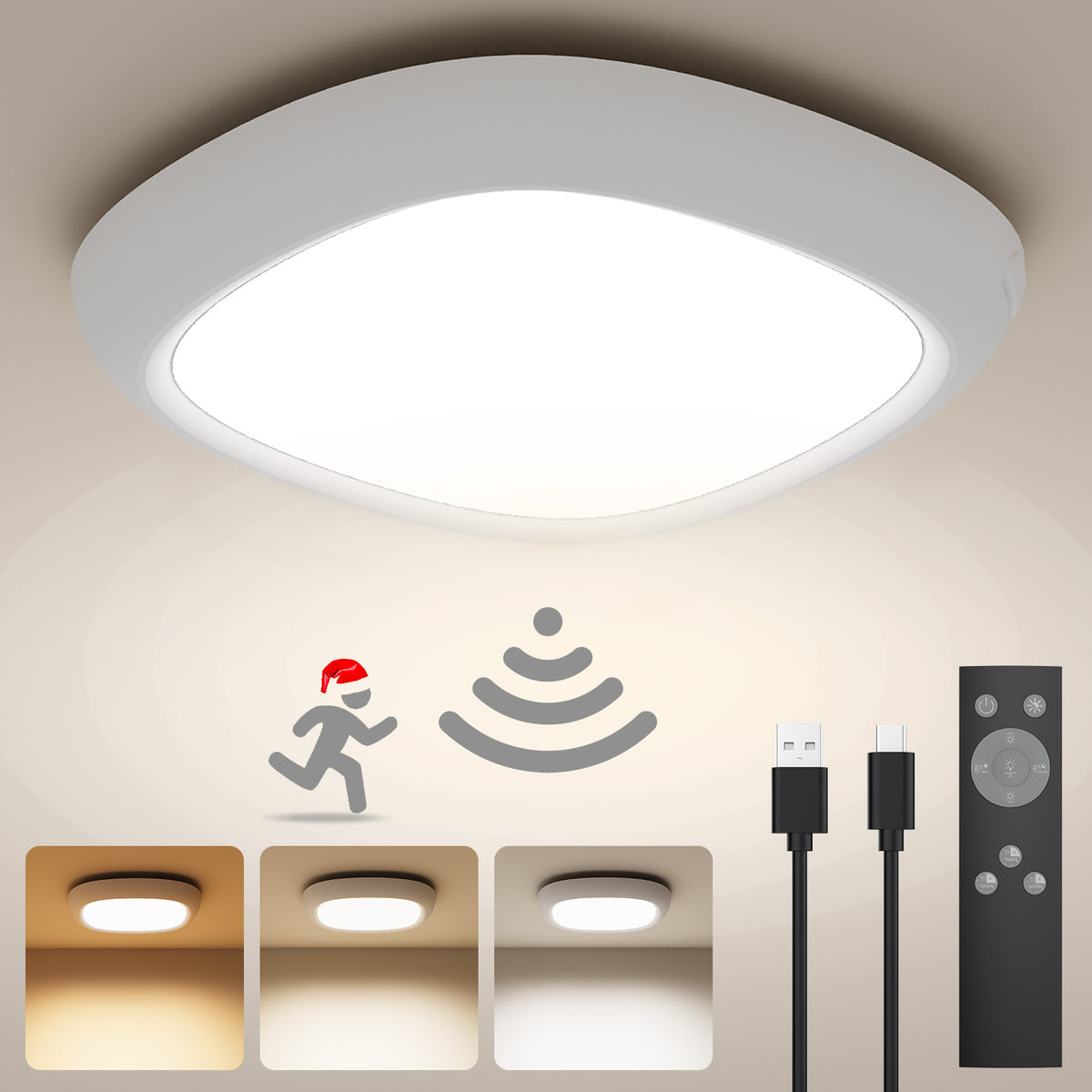 Waterproof Rechargeable Shower Light Indoor Wireless Motion Sensor Wireless Ceiling Light with Remote 