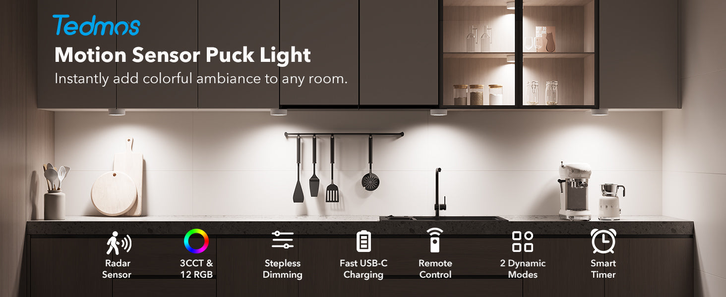  motion sensor puck lights  under the kitchen cabinet  
