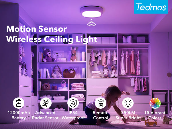 Tedmos RGB Shower Light Waterproof Rechargeable Ceiling Light Battery Wireless