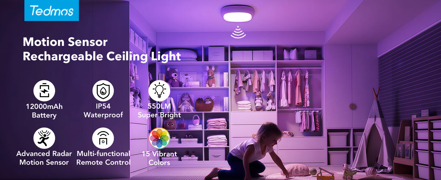 Tedmos RGB Shower Light Waterproof Rechargeable Ceiling Light Battery Wireless