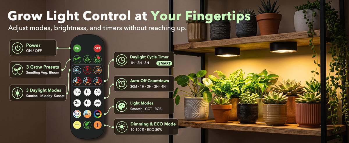 Dimmable plant light remote control with timers and RGB modes