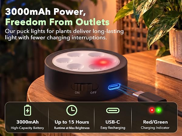 Wireless grow lamp battery with 15 hours continuous lighting