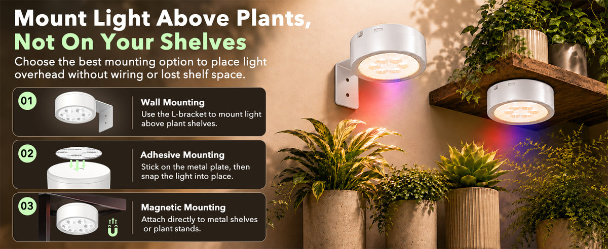 Damage-free adhesive plant light for under cabinet and shelves