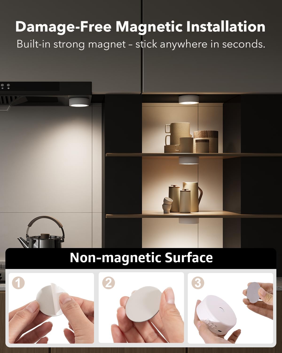 damage-free magnetic installation rechargeable puck lights