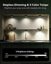 Kitchen with stepless dimming puck lights and 3 color temperature settings displayed.