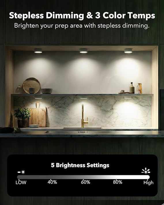 Kitchen with stepless dimming lights and a brightness settings indicator.
