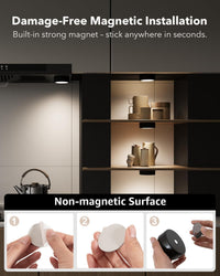 Kitchen shelf lights with magnetic installation feature and demonstration of use.