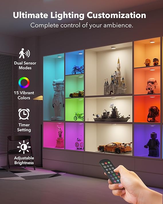 mobile sensing rechargeable puck lights under the display cabinet 