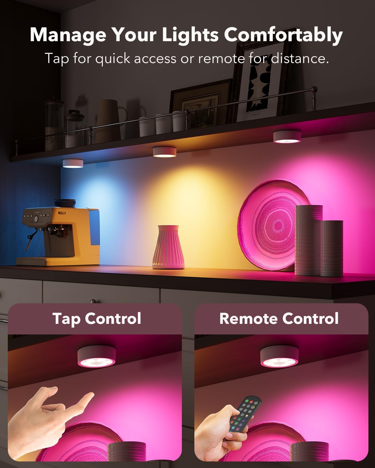 rechargeable puck lights with  tap control and remote control under the   kitchen shelf