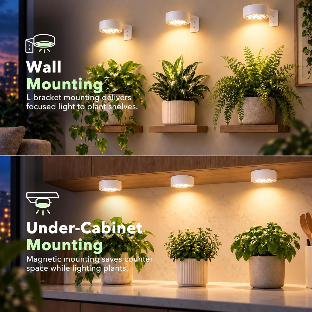 Battery operated grow lamp with wall mount bracket and magnetic base
