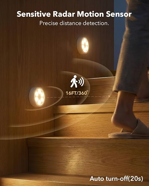 Light fixture with sensitive radar motion sensor on wooden stairs