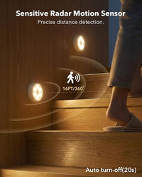 Light fixture with sensitive radar motion sensor on wooden stairs