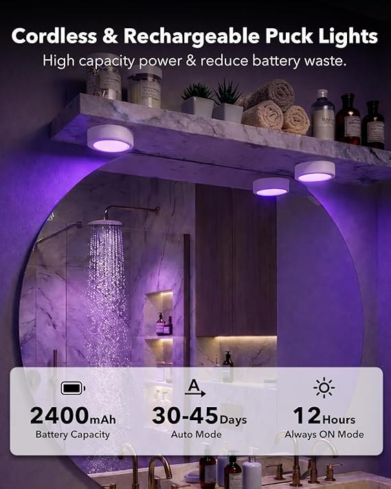 Bathroom with 2400mAh  rechargeable puck lights,