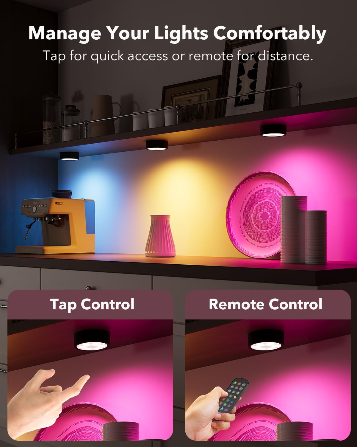 puck lights with remote and tap control