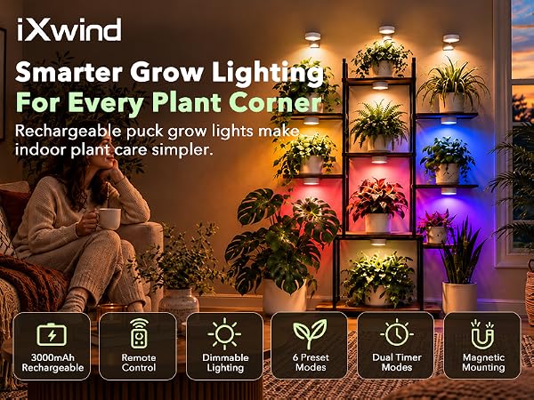 Wireless battery powered plant light for bookshelf display