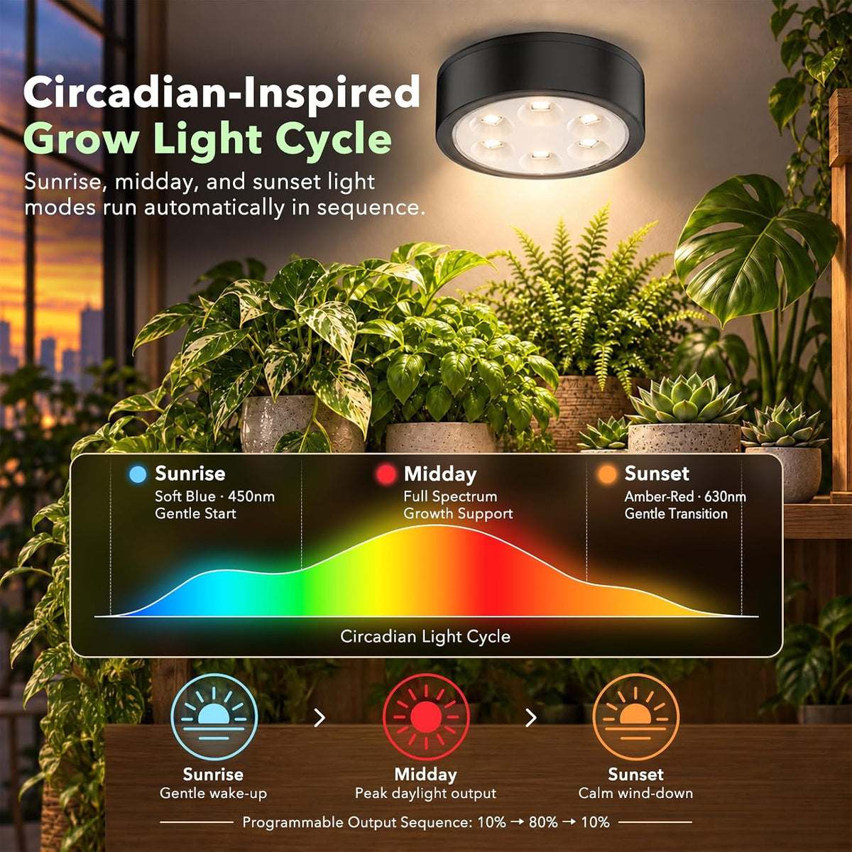 Circadian grow light with automatic sunrise to sunset light cycle
