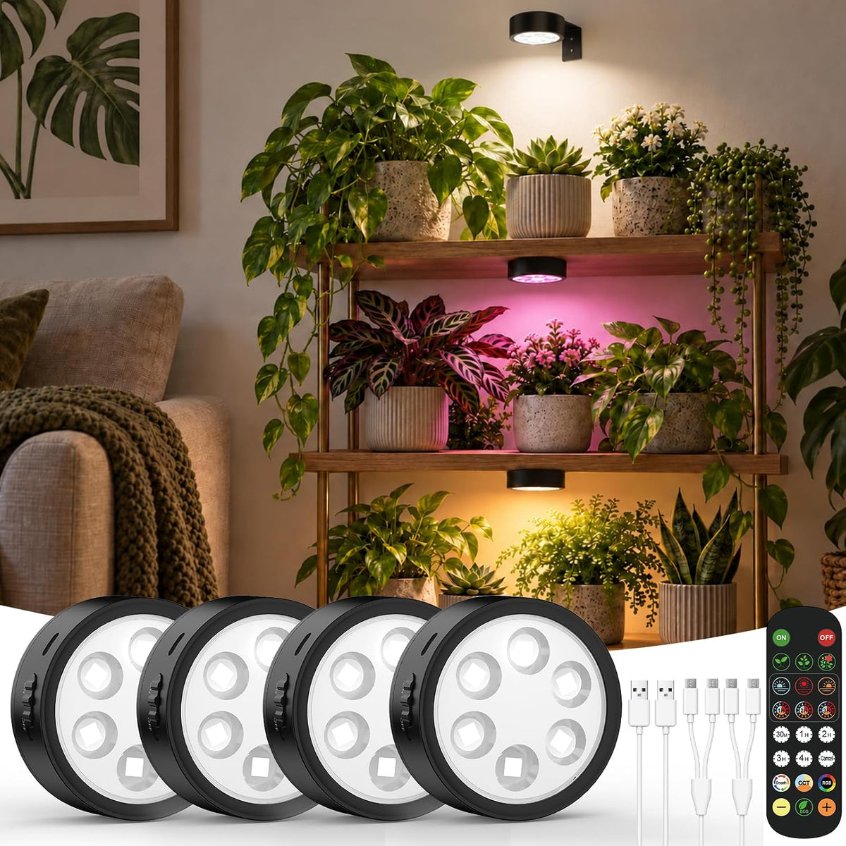 4-pack cordless grow lights for indoor plants with remote