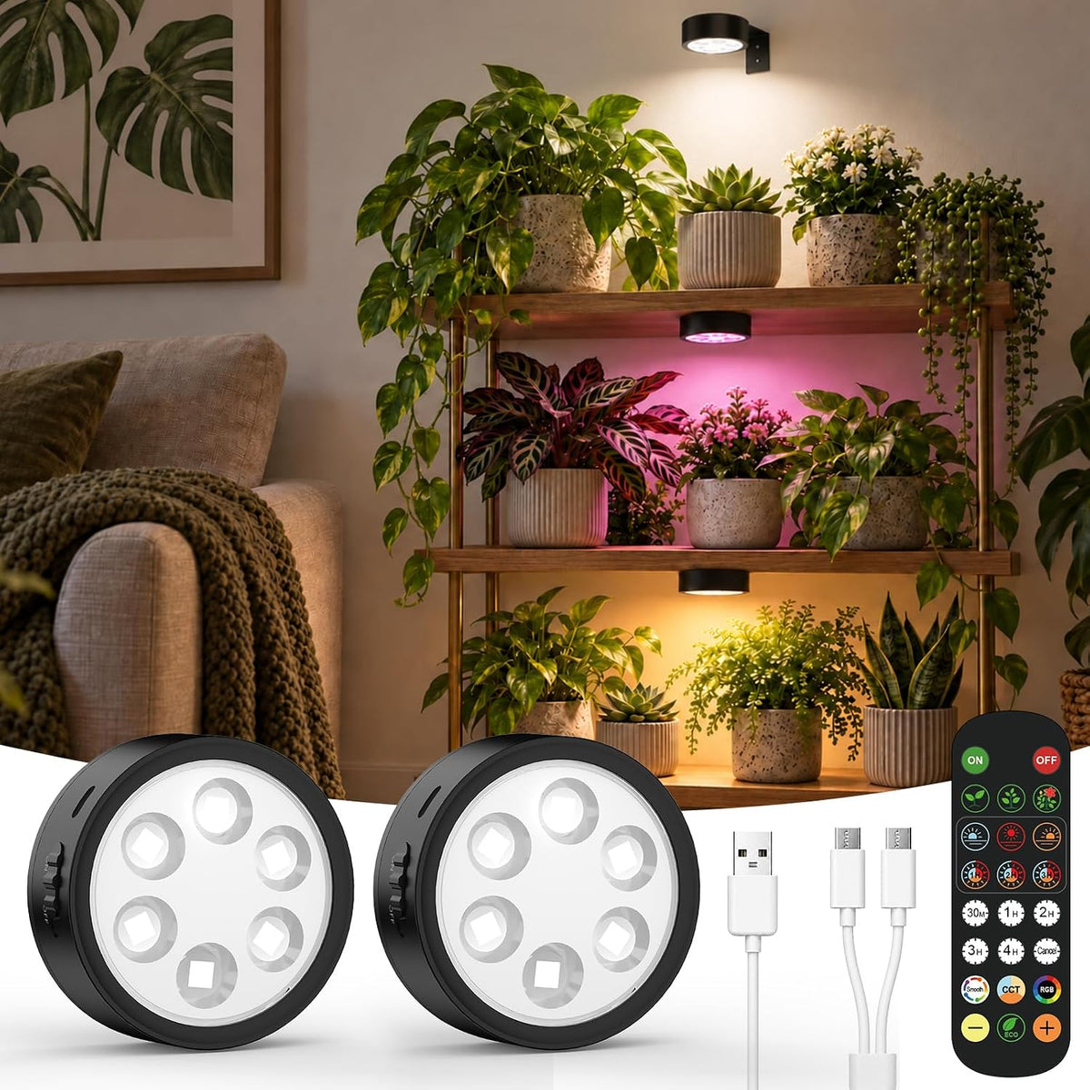 2-pack rechargeable plant lights with remote and charging cables