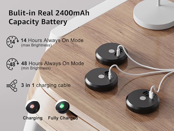 Black puck lights with charging cables on a wooden surface, displaying battery capacity and charging information.