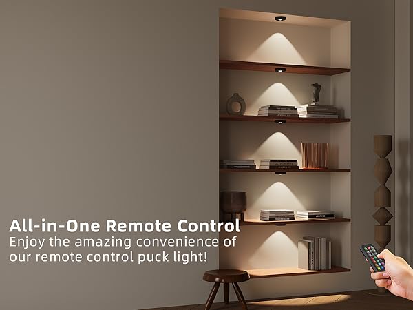 Shelving puck lights rechargeable with remote control puck light and text about convenience
