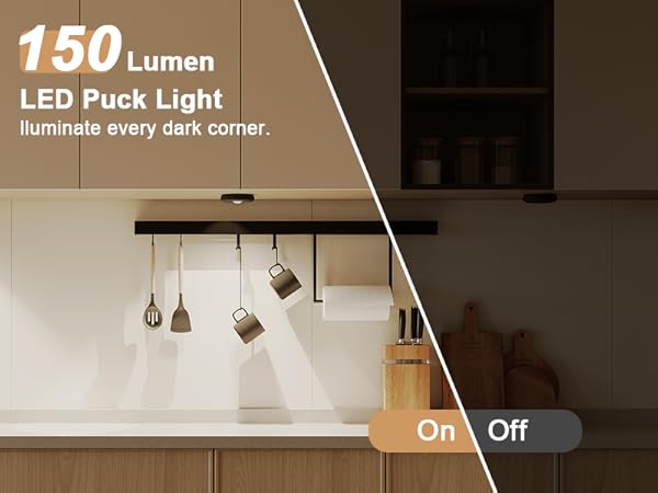 LED puck light in a kitchen setting with on/off switch display.