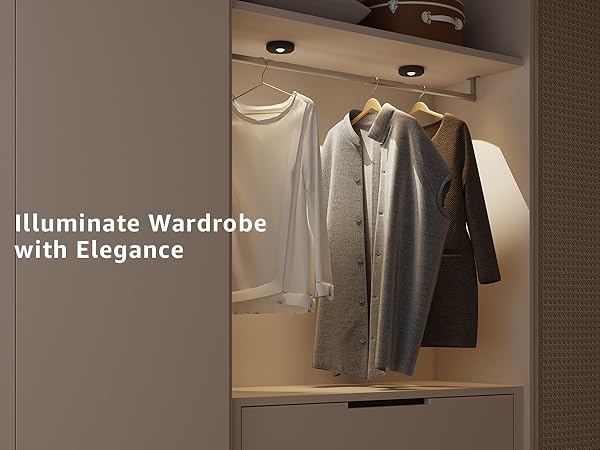 Closet light tap with clothes hanging inside, text 'Illuminate Wardrobe with Elegance' on a gray background