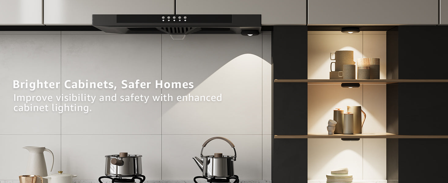 Modern kitchen under cabinet lights with enhanced cabinet lighting, featuring puck lights