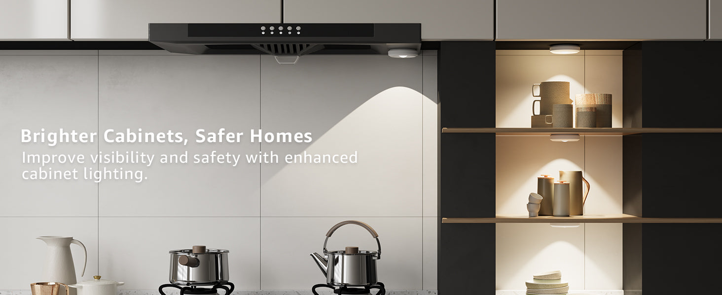 Modern kitchen with enhanced cabinet lighting wireless puck lights, featuring text about improved visibility and safety.