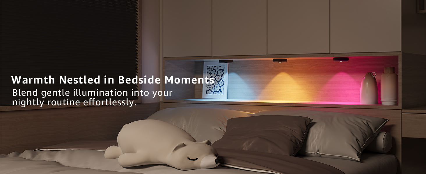 Bedroom scene with night lights and soft lighting, featuring a plush toy and pillows.