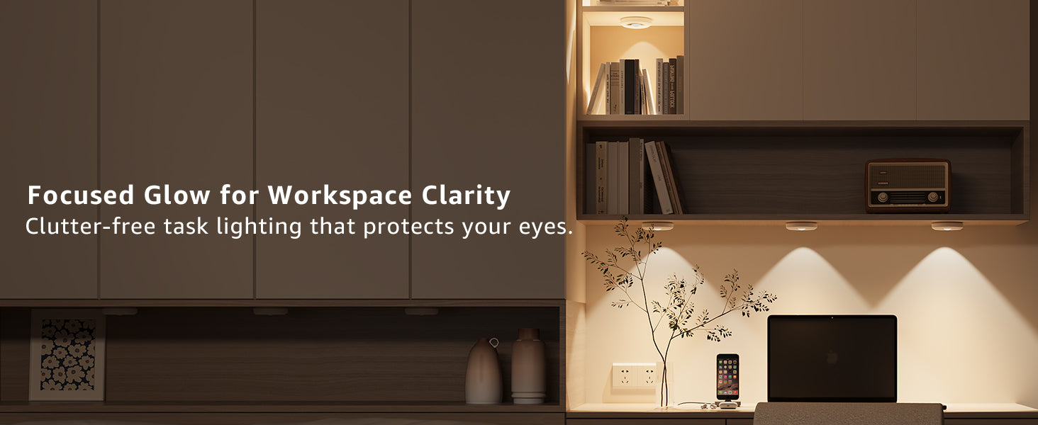 Modern office setup with a laptop on a desk, shelves lighting with books, and decorative elements.