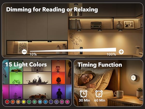 puck lights with dimming, color change, and timing functions 
