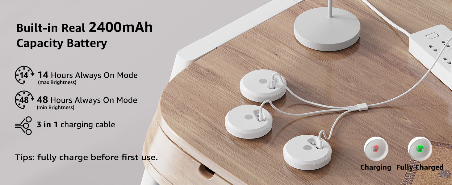 White puck lights with charging cables on a wooden surface with battery capacity information.