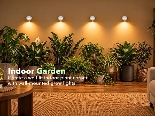 wireless plant lights illuminating an indoor garden wall
