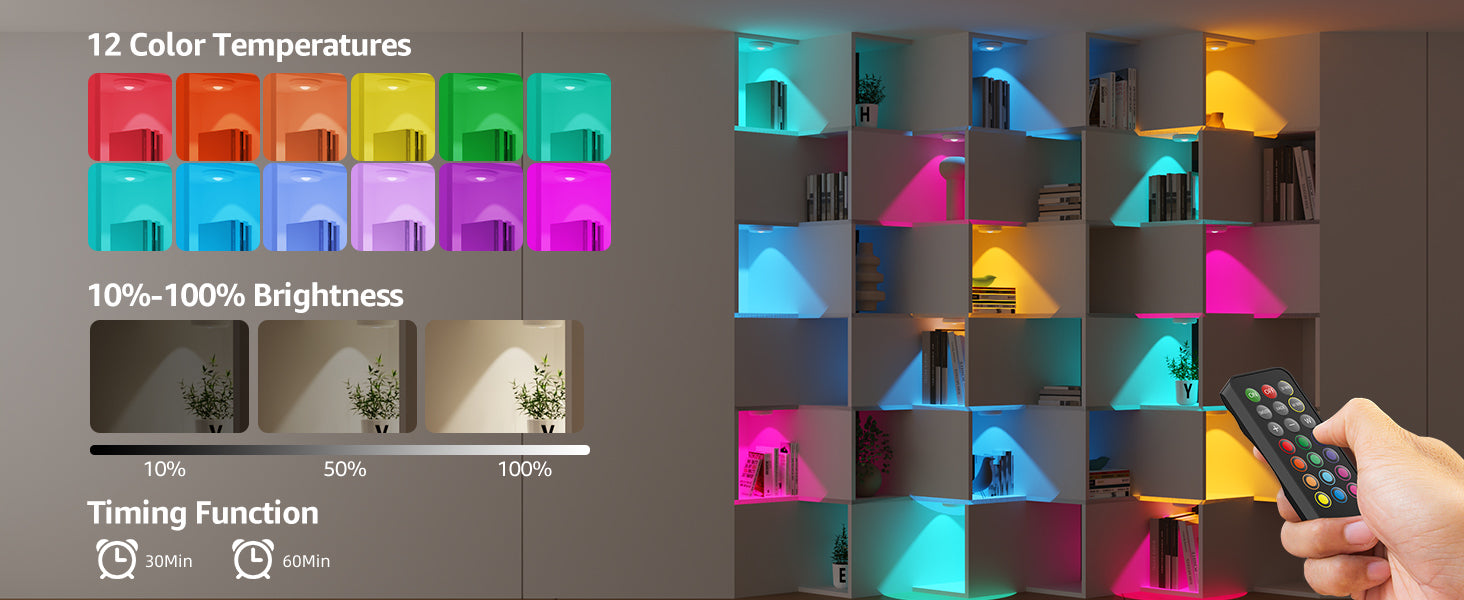 Display puck lights RGB color temperature and brightness control system with a remote control.