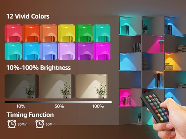 Colorful rgb LED puck light with remote control and brightness control panel in showcase diaplay shelf