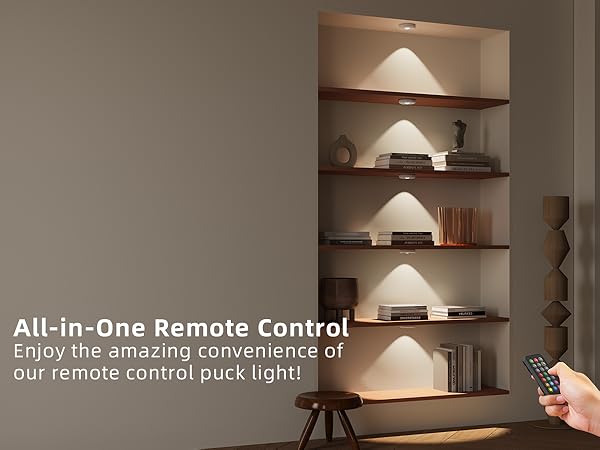 Shelving lighting wireless with remote control puck light and text about convenience