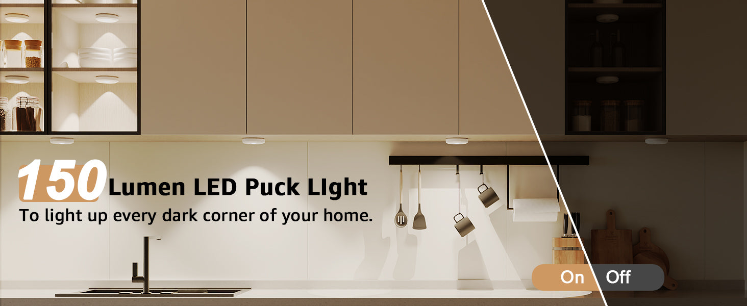 Modern kitchen with 150 Lumen LED puck light battery feature highlighted