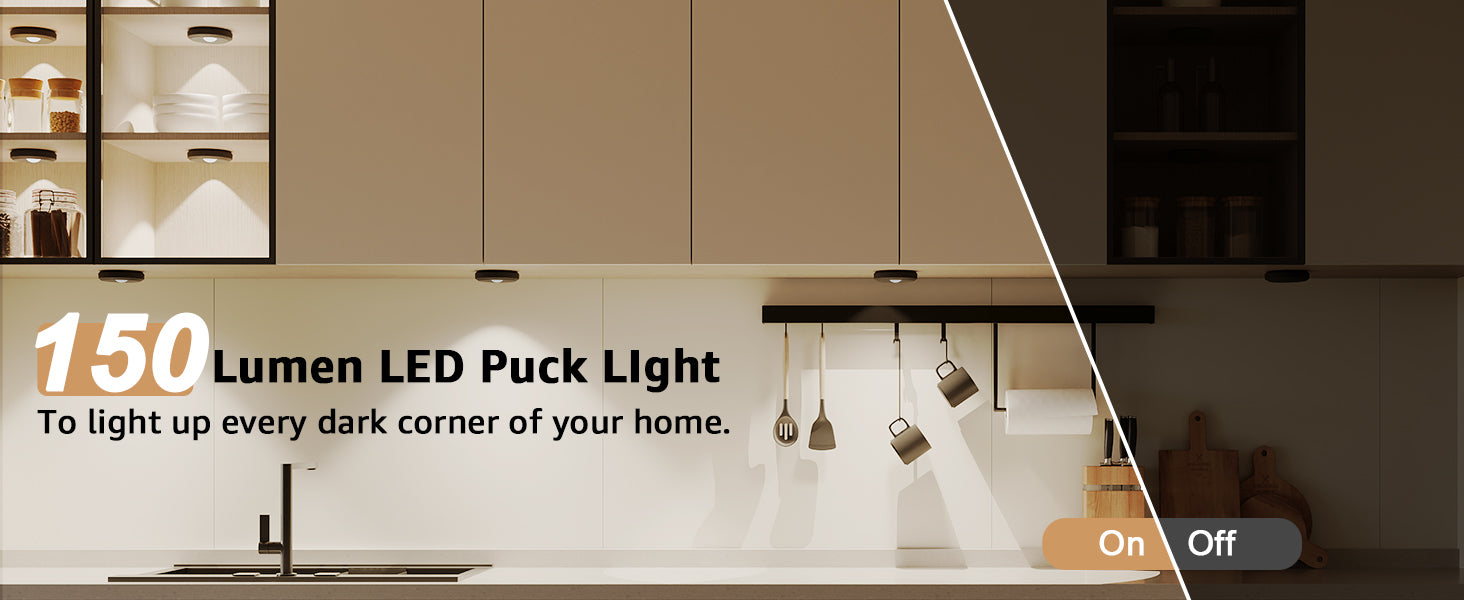 Modern kitchen with puck lights under cabinet lighting and text about 150 Lumen LED Puck Light.